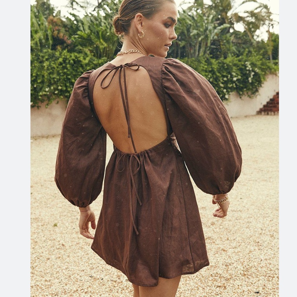 NWT DISSH Lenore Open Back Chocolate Brown Tie Neck Puff Sleeve Linen Dress US 6